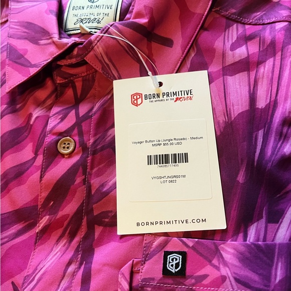 NWT Born Primitive Men's Voyager Button Up Pink Print Jungle Shirt Size Medium - Picture 8 of 9